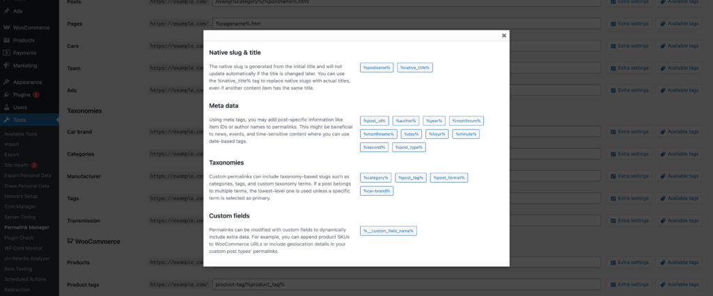 Available tags for permalink formats