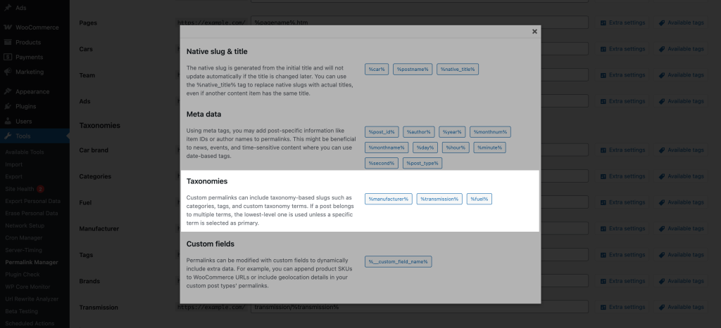 List of available tags