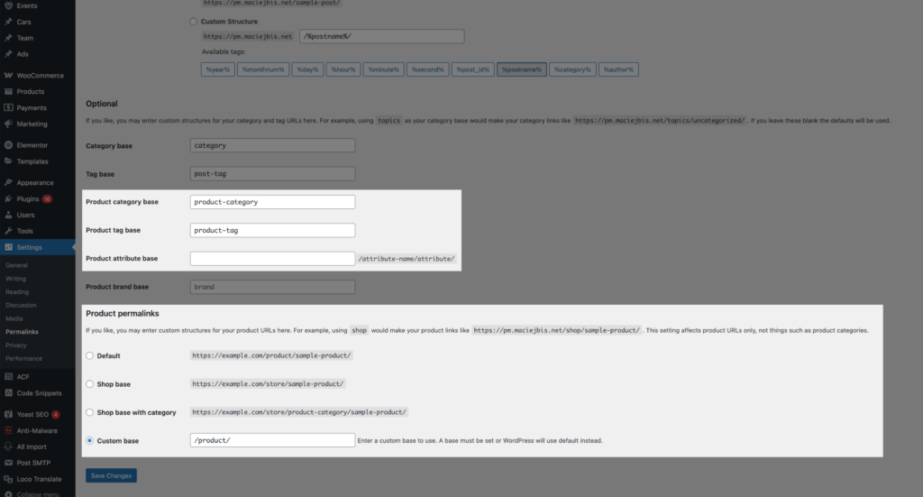 Default WooCommerce permalink settings