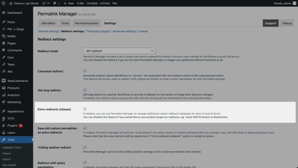 Extra redirects (aliases) option in Permalink Manager settings
