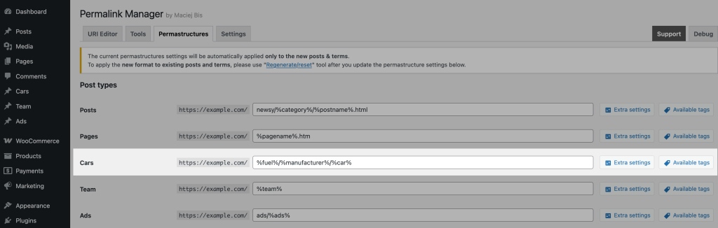 New permastructure settings for custom post type