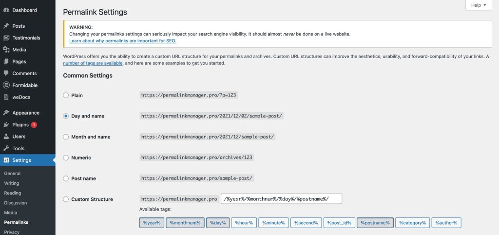 Changing permalink in admin dashboard