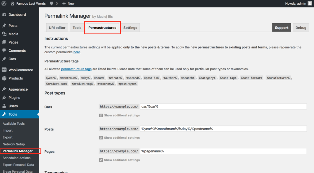 WooCommerce permalink format settings