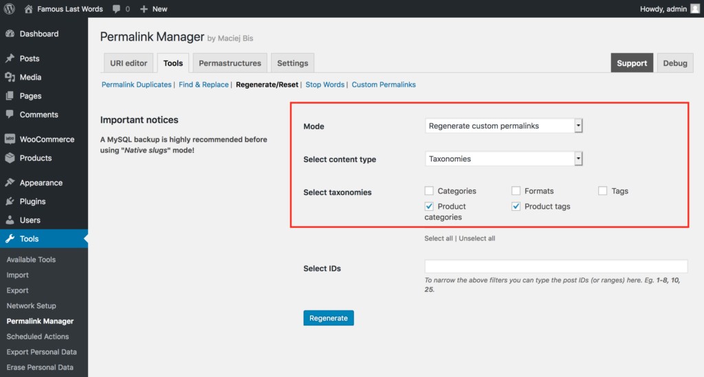 Regenerate WooCommerce permalinks (product categories and tags)