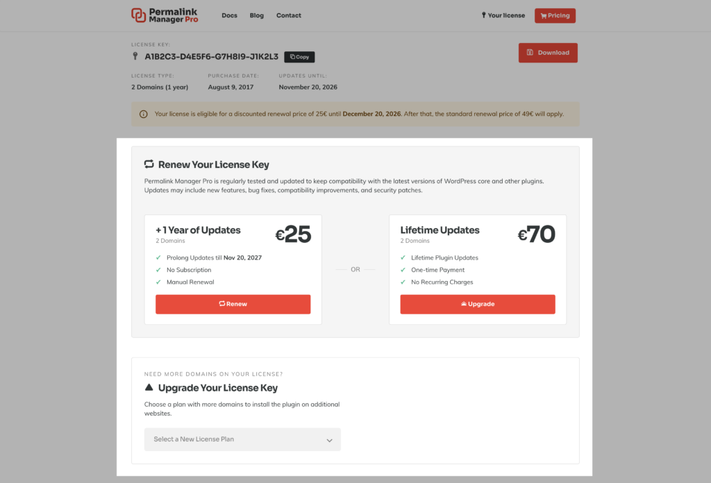 Renew/upgrade section on "License info" page.