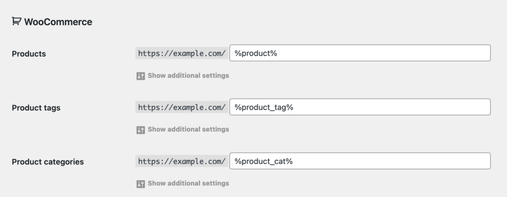 Permalink settings for WooCommerce content types 