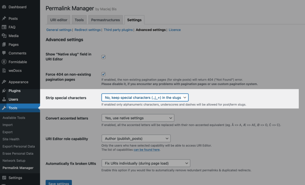 "Strip special characters" settings