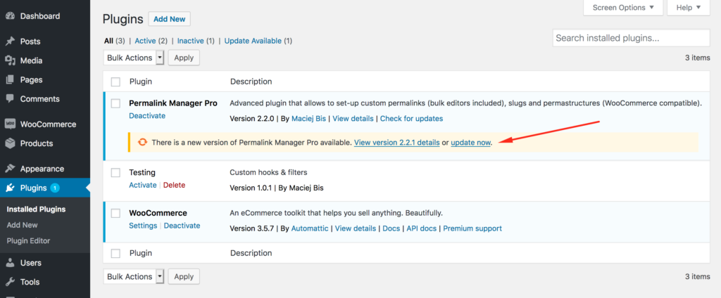 Update Permalink Manager Pro from "Plugins" admin panel