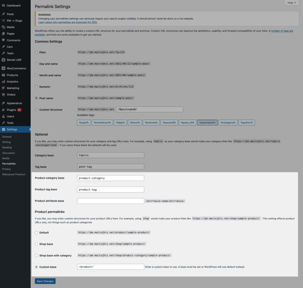 WooCommerce Permalink Settings