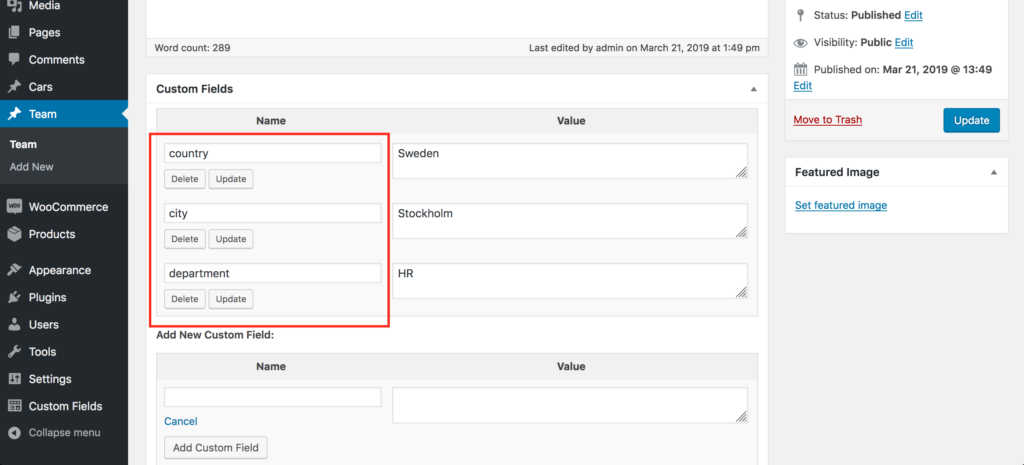 Custom fields table