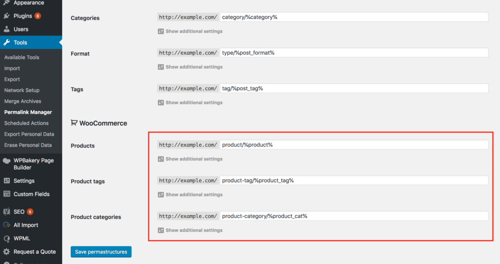 Settings for WooCommerce content types