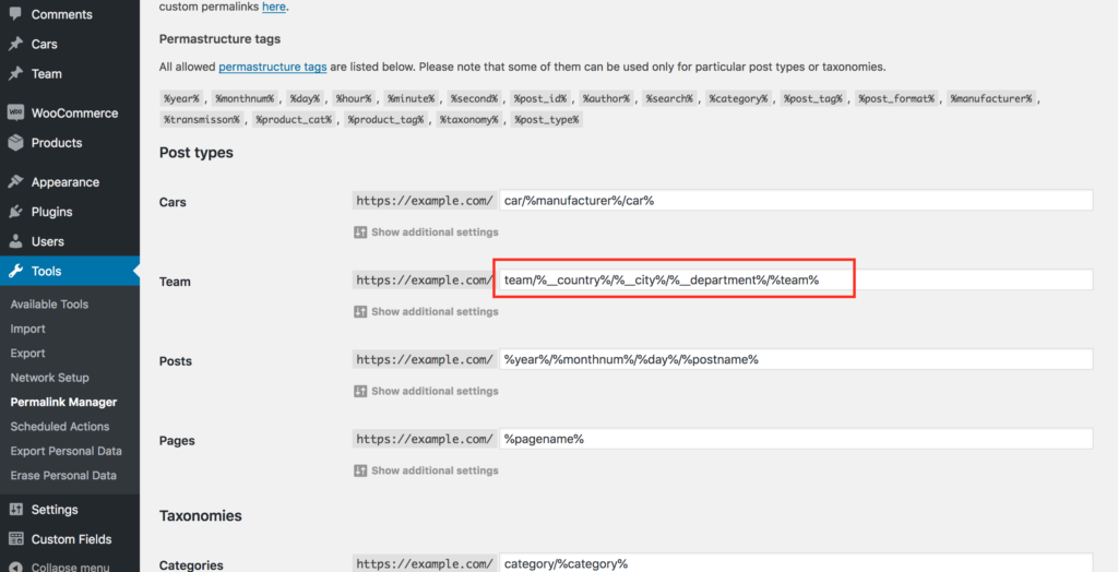 Wordpress permalink structure settings with custom field values.