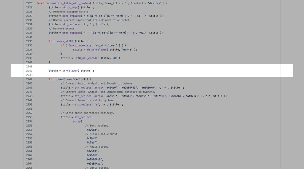 WordPress forces lowercase characters inside sanitize_title_with_dashes() function.