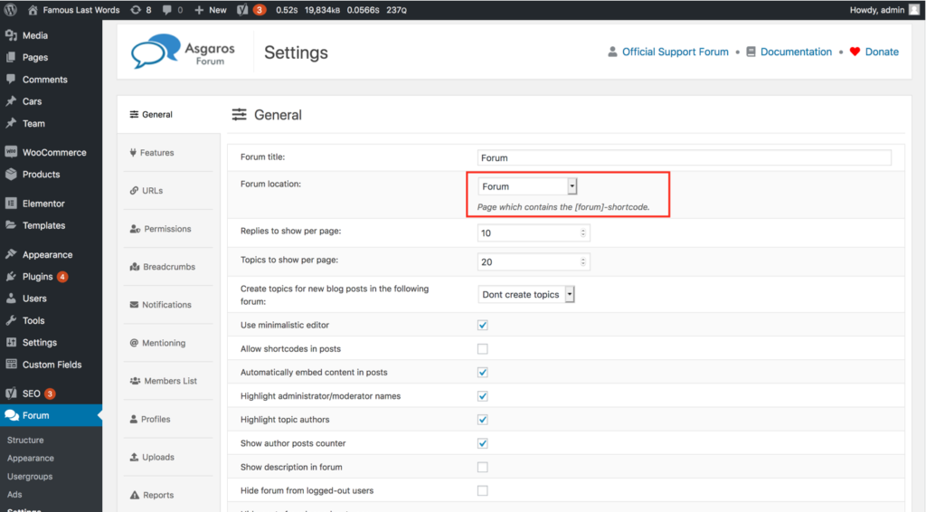 Asgaros forum settings