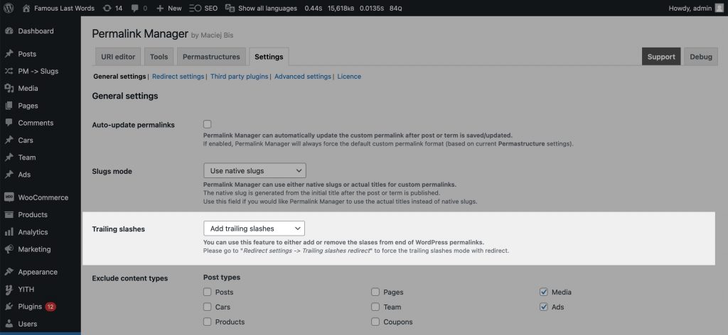 "Trailing slashes" settings in Permalink Manager admin panel.