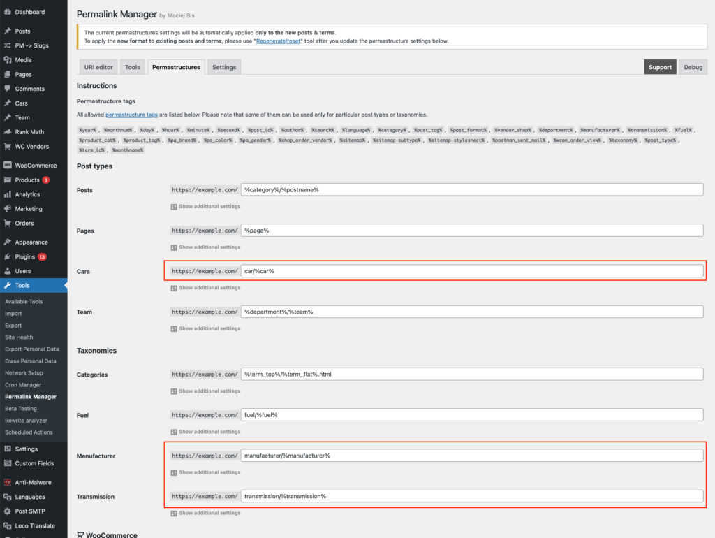 Old permalink formats in Permastructure settings