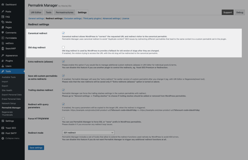 Canonical redirect settings