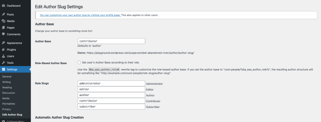 Edit Author Slug Settings