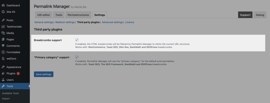 "Breadcrumbs support" in Permalink Manager settings