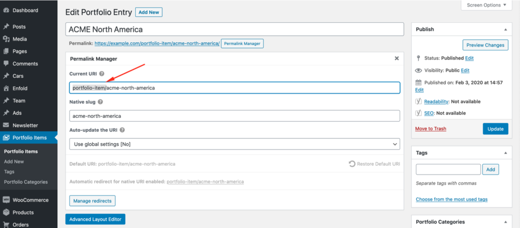 The sample portfolio permalink in URI Editor