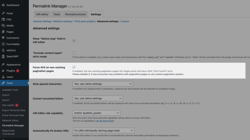 “Force 404 on non-existing pagination pages” settings