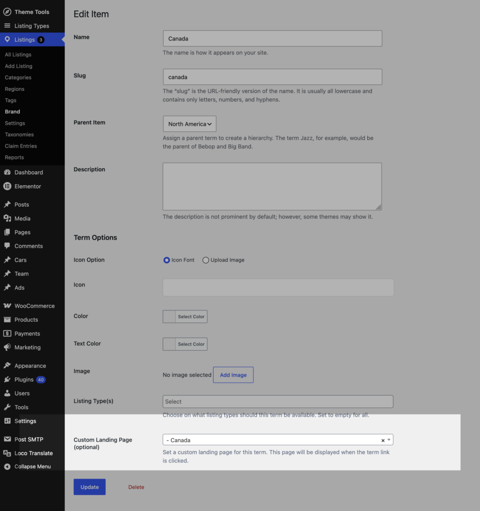 Custom landing page for MyListing term