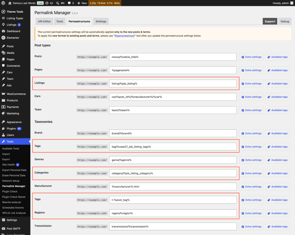 Permastructures settings for MyListing theme
