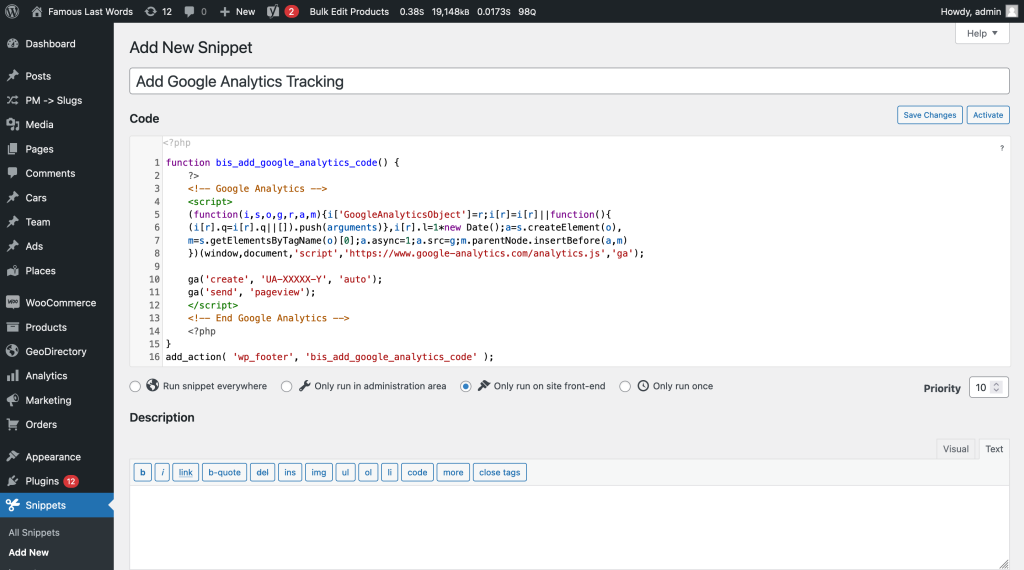 Add Google Analytics tracking code with Code Snippets plugin