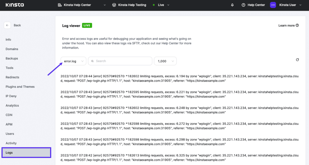 Error Logs Panel in Kinsta Dashboard