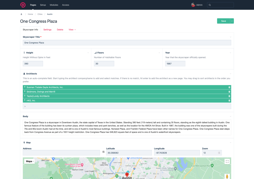 The dashboard of ProcessWire 