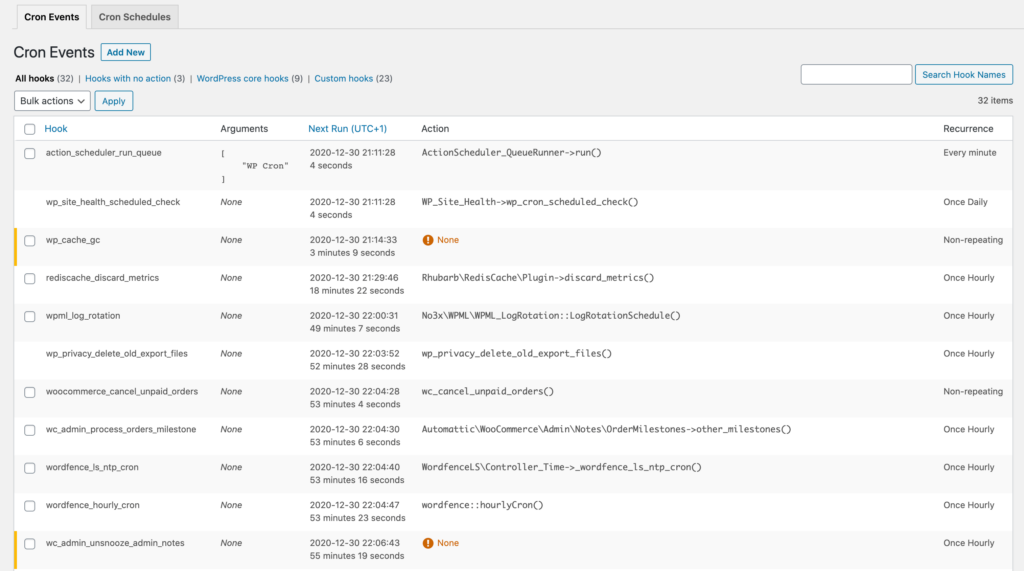 UI of "WP Crontrol" plugin