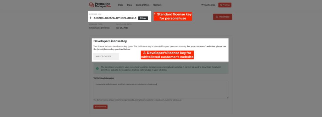 For example, the shorter developer key (<strong>123ABCDE-21GH3131</strong>) will allow auto-updates on ONLY two domains (<em>acme.com</em> and <em>loremipsum.com</em>) defined in the "<em>Domains list</em>" section.