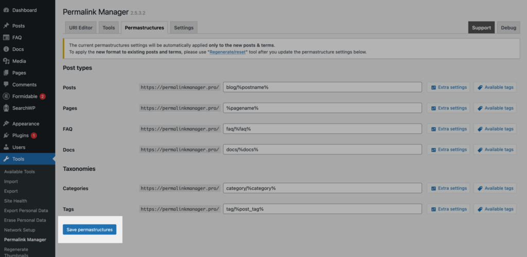 "Save permastructures" button