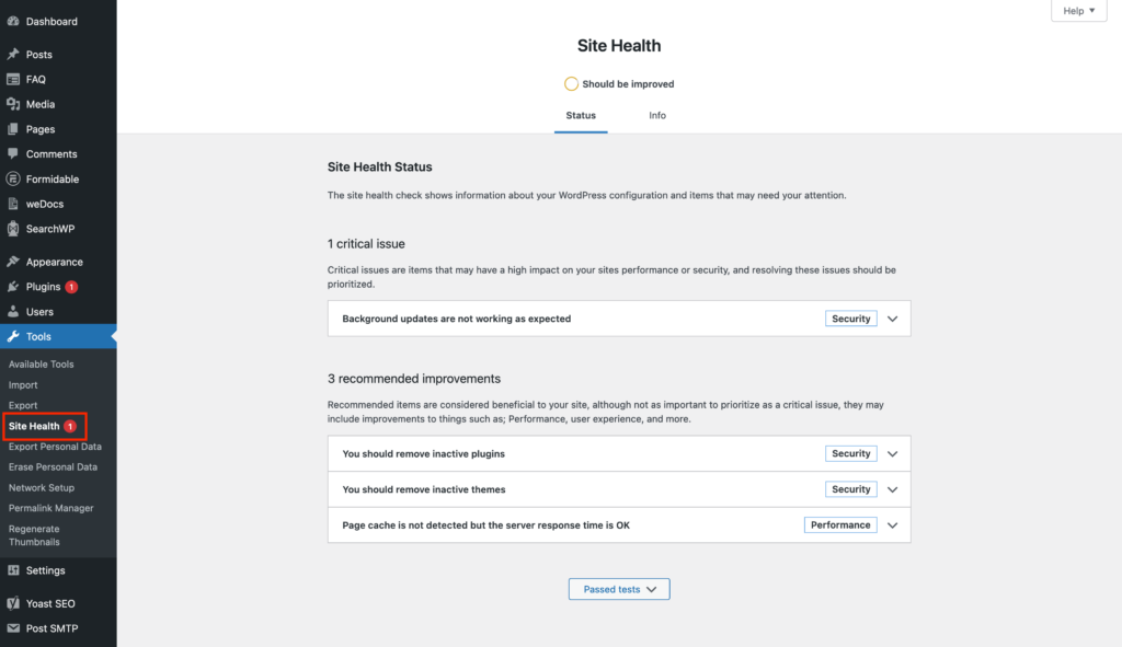 "Site Health" main screen