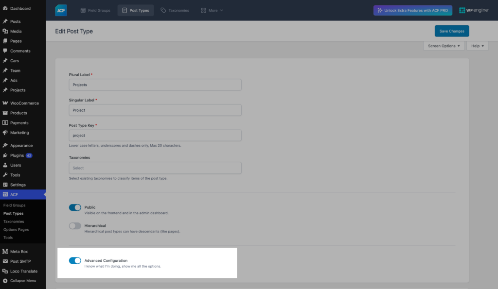 Advanced Configuration button in ACF post type settings