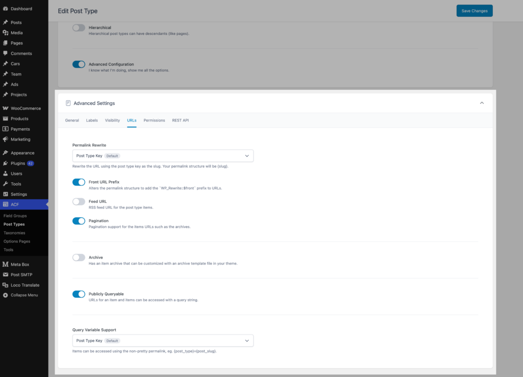 URLs tab in ACF's Advanced Settings
