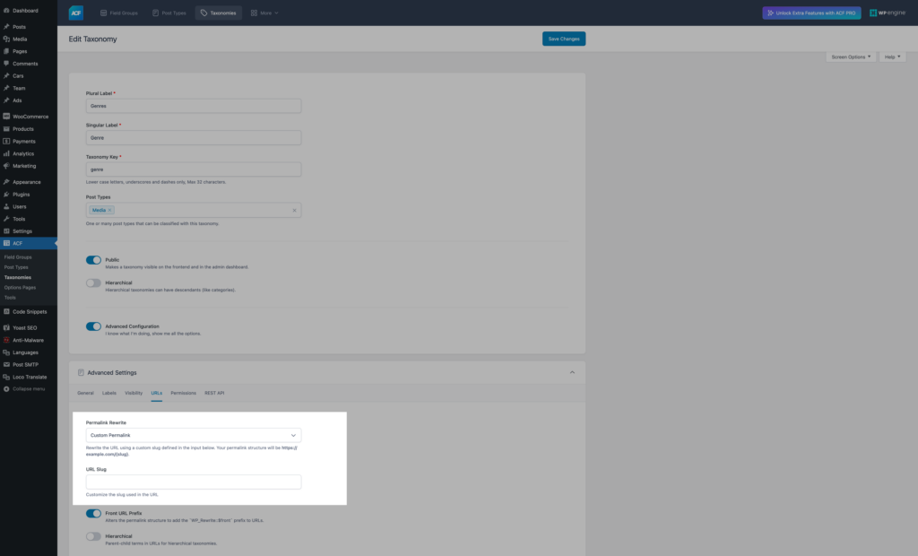 Rewrite settings for taxonomy in ACF