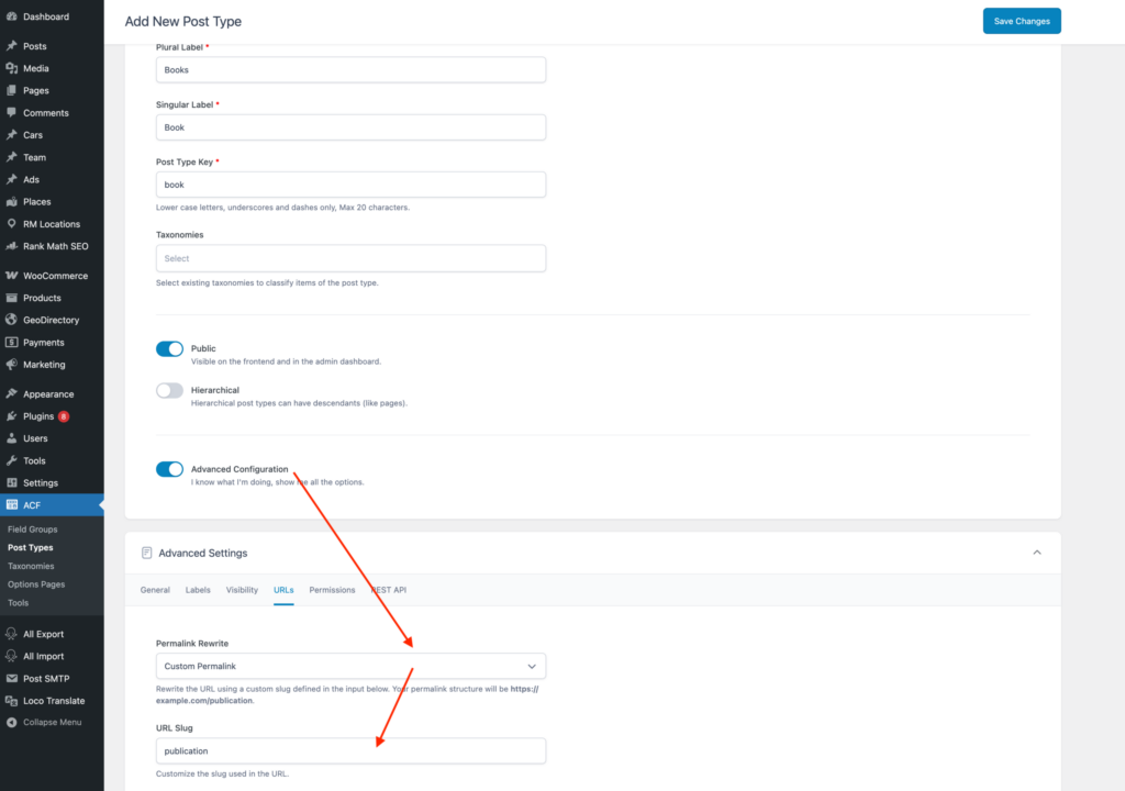 ACF rewrite slug settings