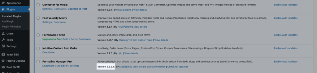 Version number from "Plugins" section