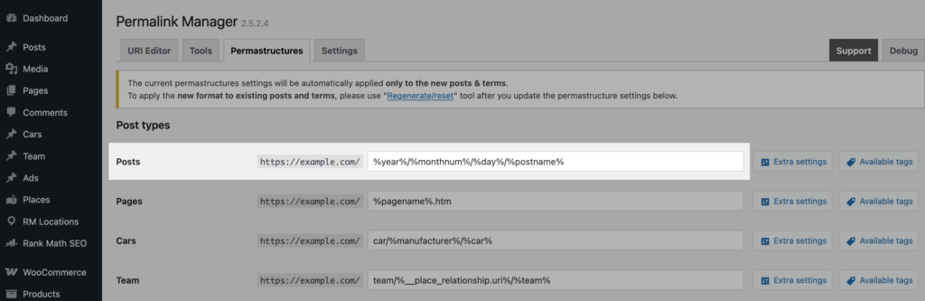 Date-based permalink settings