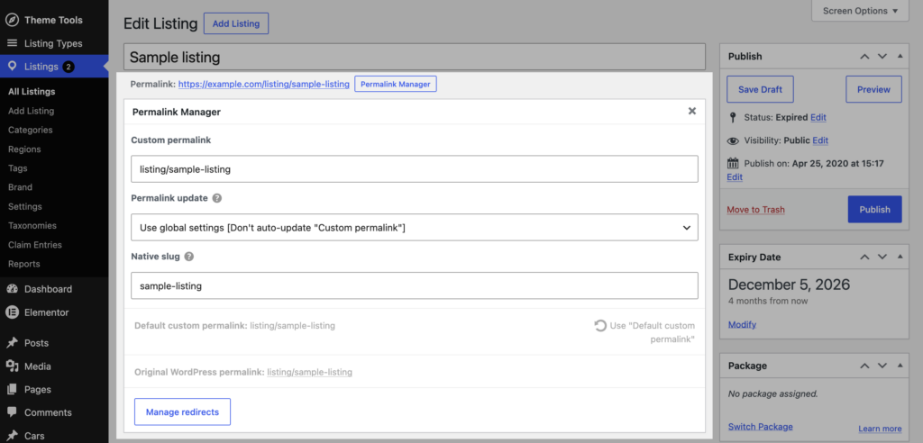 Edit individual listing permalinks