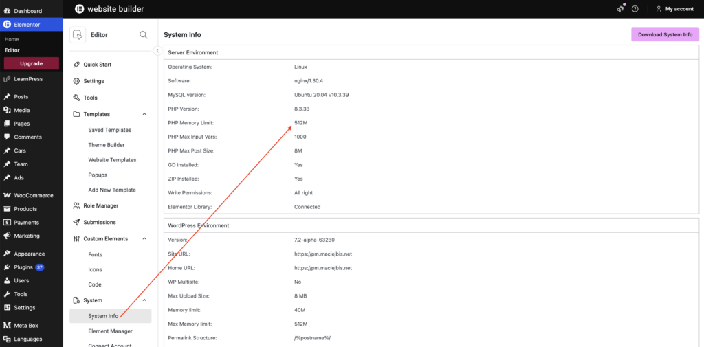 Check available memory in Elementor