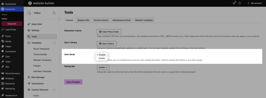 Safe mode in Elementor
