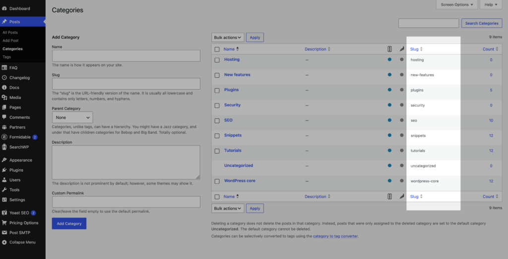 Slug column in categories' list